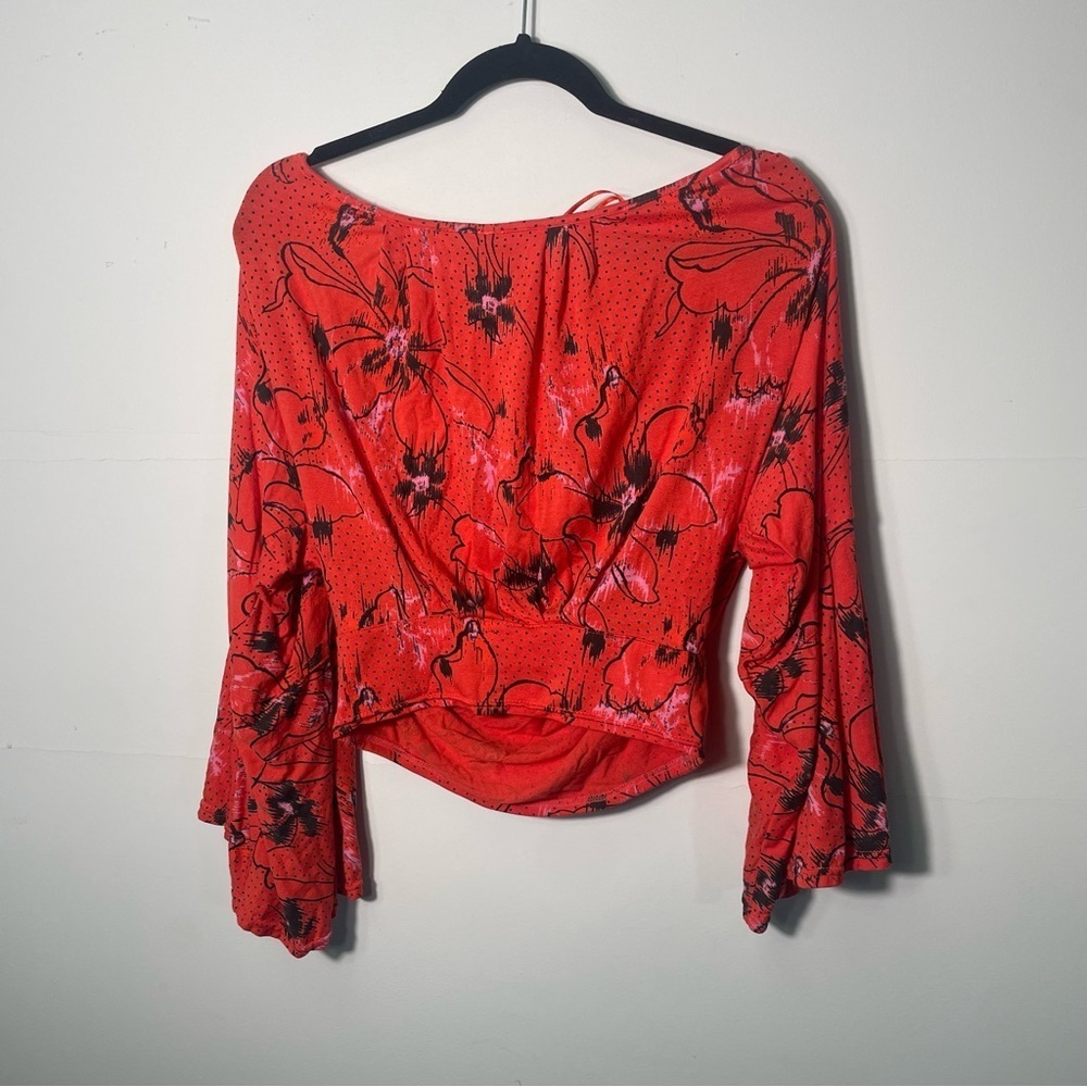 Free People Last Time Orange Print Surplice Bell Sleeve Crop Top - Picture 4 of 6